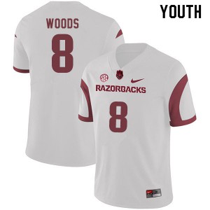 Youth Arkansas #8 Mike Woods White Stitch Jerseys 559073-281